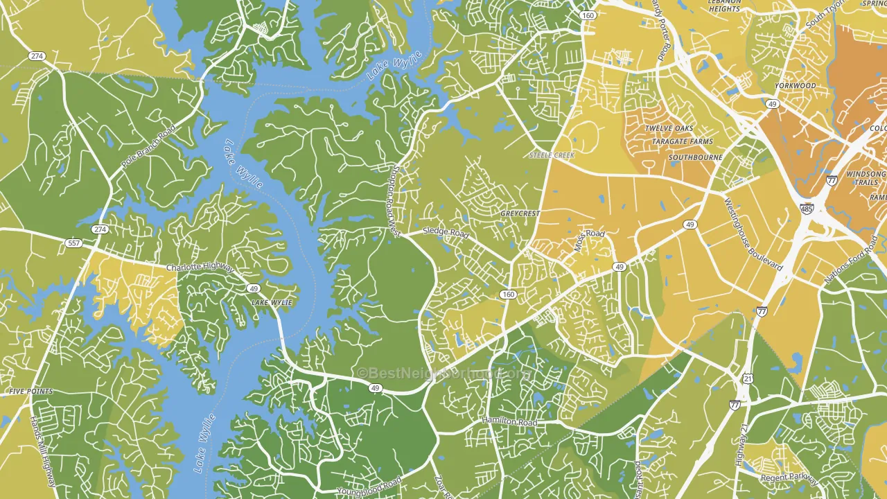 Map of the best neighborhoods in the 28278 area, with better matches in green and worse matches in red