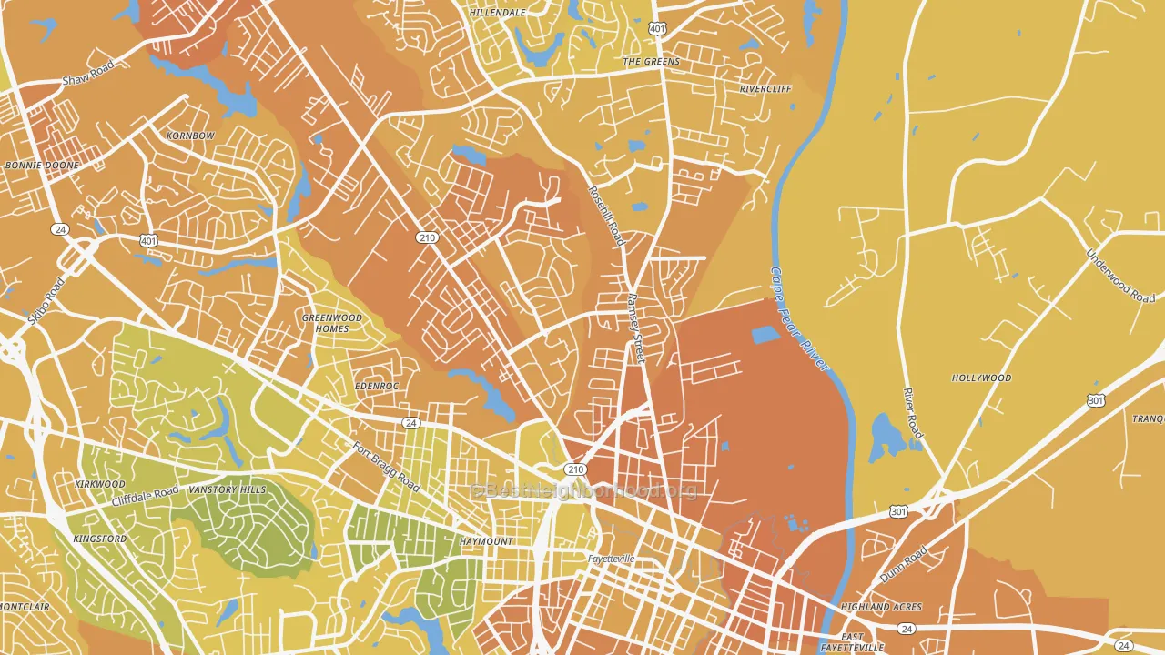 Map of the best neighborhoods in the 28301 area, with better matches in green and worse matches in red