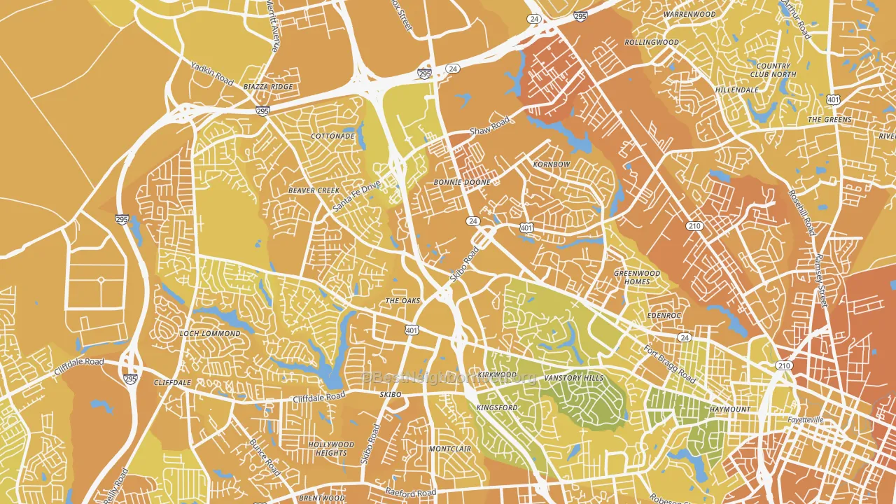 Map of the best neighborhoods in the 28303 area, with better matches in green and worse matches in red