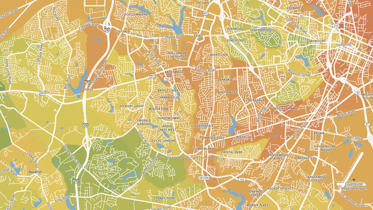 Map of the best neighborhoods in the 28304 area, with better matches in green and worse matches in red