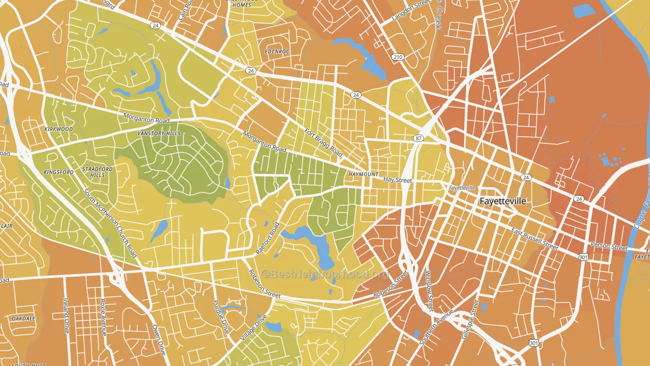 Map of the best neighborhoods in the 28305 area, with better matches in green and worse matches in red