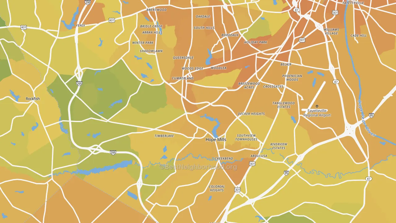 Map of the best neighborhoods in the 28306 area, with better matches in green and worse matches in red