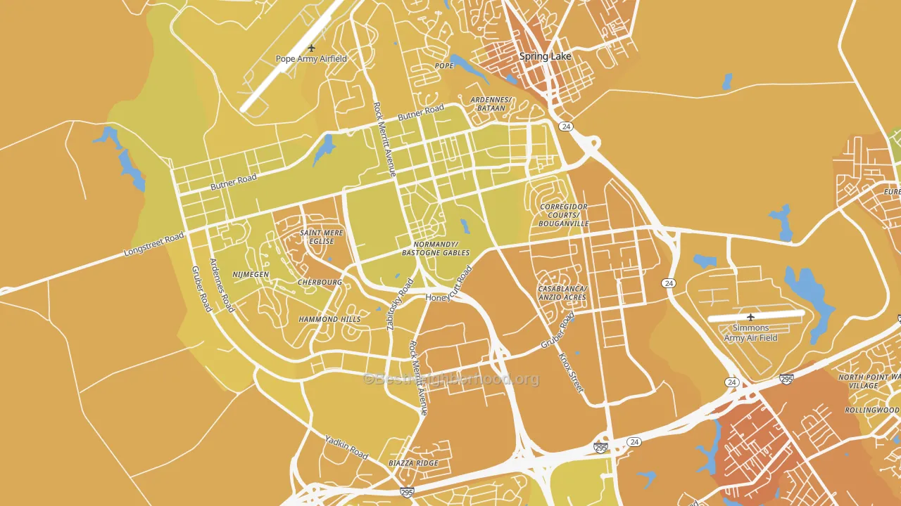 Map of the best neighborhoods in the 28307 area, with better matches in green and worse matches in red