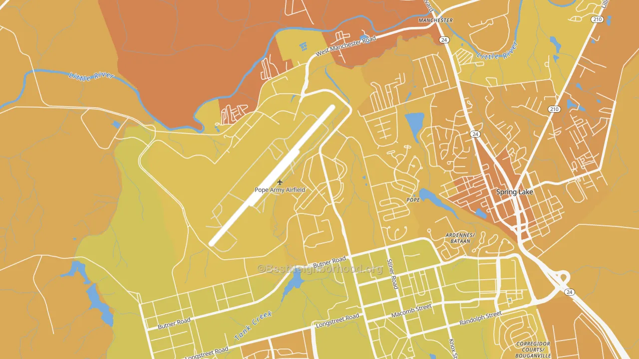 Map of the best neighborhoods in the 28308 area, with better matches in green and worse matches in red