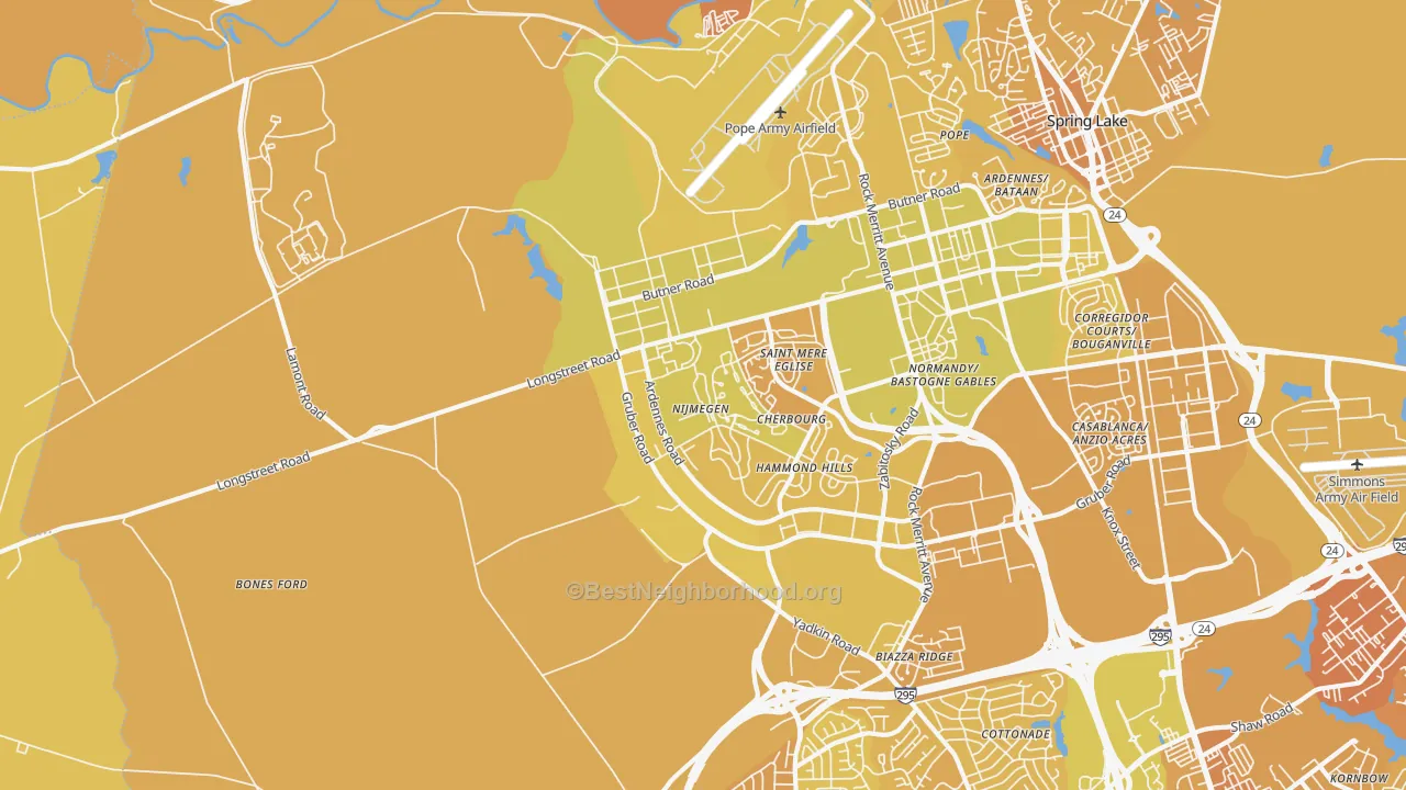 Map of the best neighborhoods in the 28310 area, with better matches in green and worse matches in red