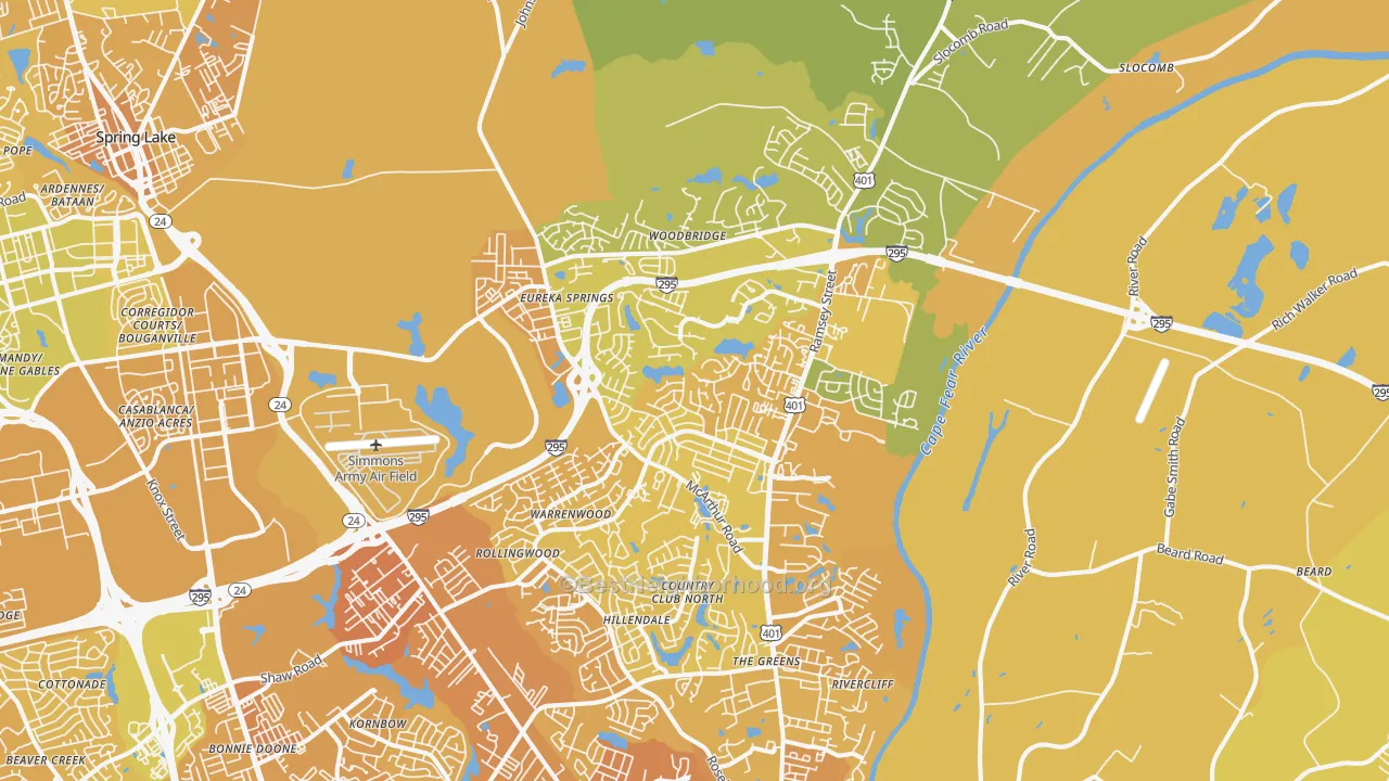 Map of the best neighborhoods in the 28311 area, with better matches in green and worse matches in red