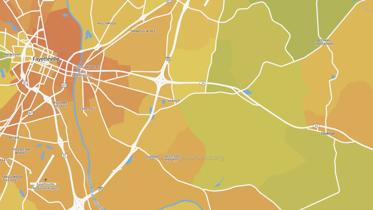 Map of the best neighborhoods in the 28312 area, with better matches in green and worse matches in red