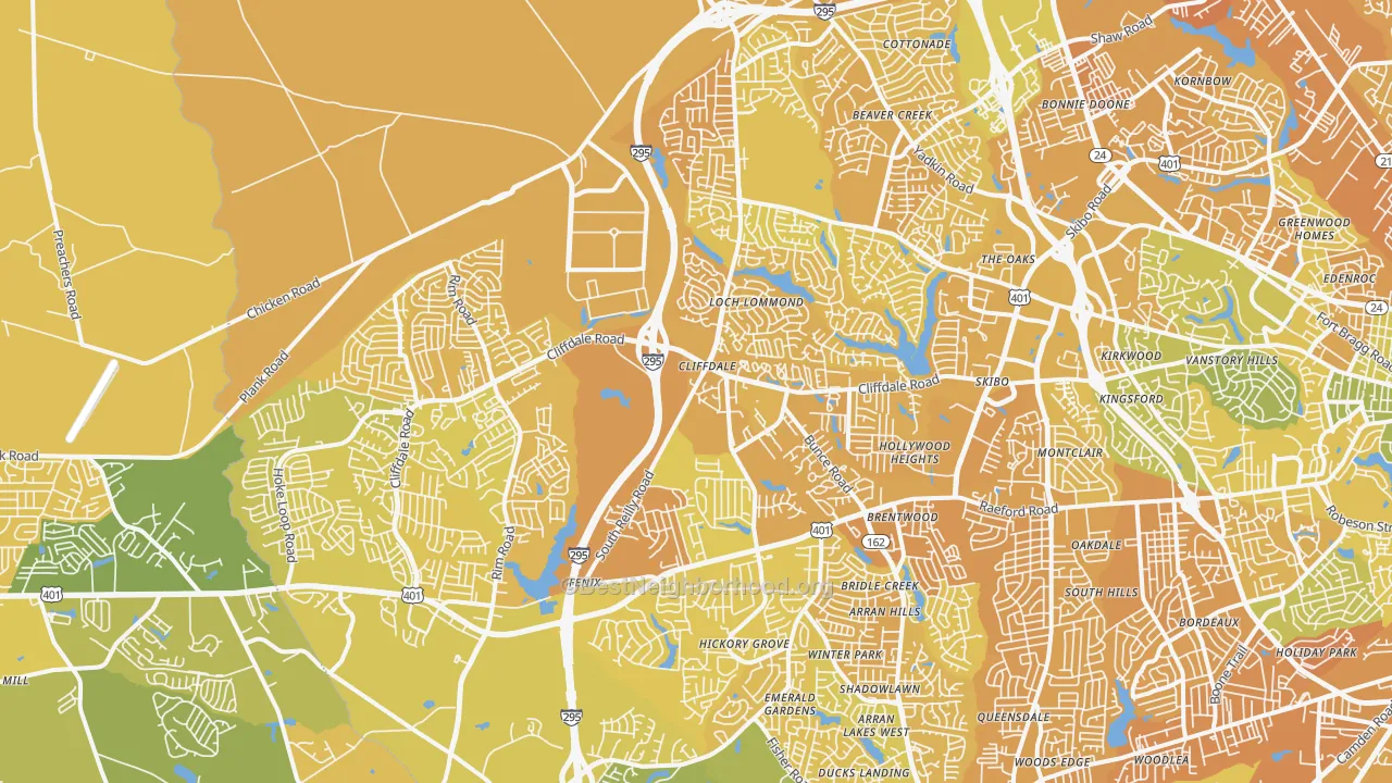 Map of the best neighborhoods in the 28314 area, with better matches in green and worse matches in red
