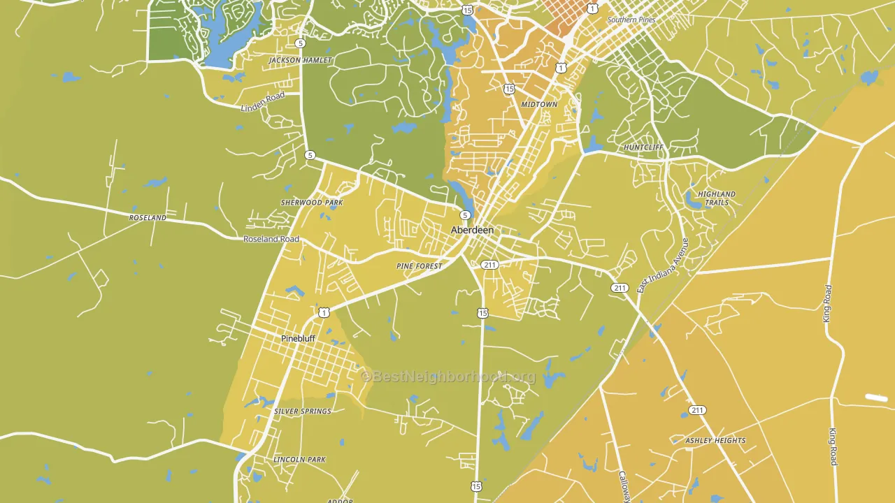 Map of the best neighborhoods in the 28315 area, with better matches in green and worse matches in red