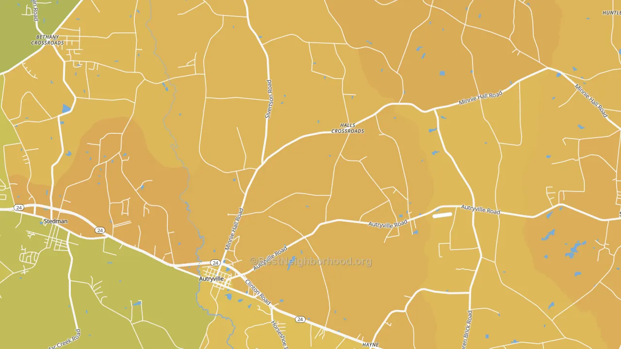 Map of the best neighborhoods in the 28318 area, with better matches in green and worse matches in red