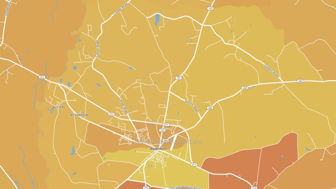 Map of the best neighborhoods in the 28320 area, with better matches in green and worse matches in red