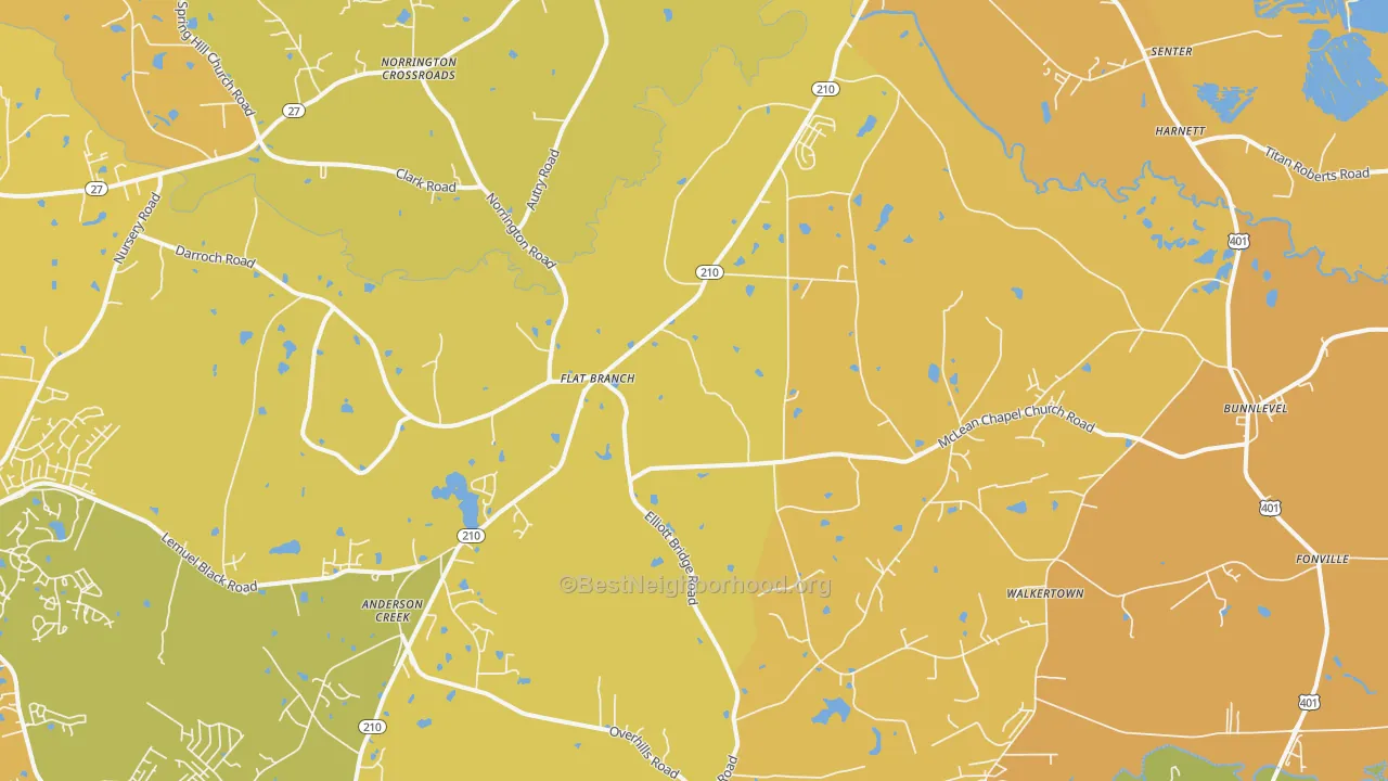 Map of the best neighborhoods in the 28323 area, with better matches in green and worse matches in red