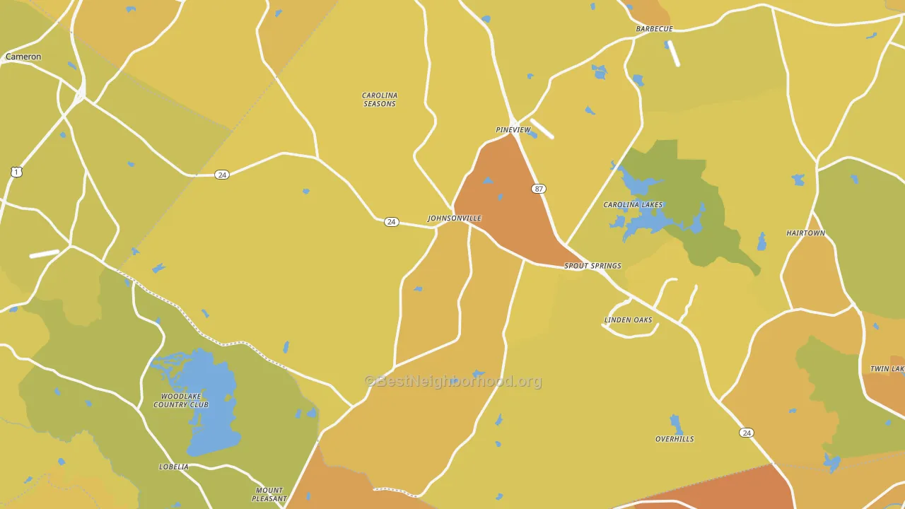 Map of the best neighborhoods in the 28326 area, with better matches in green and worse matches in red