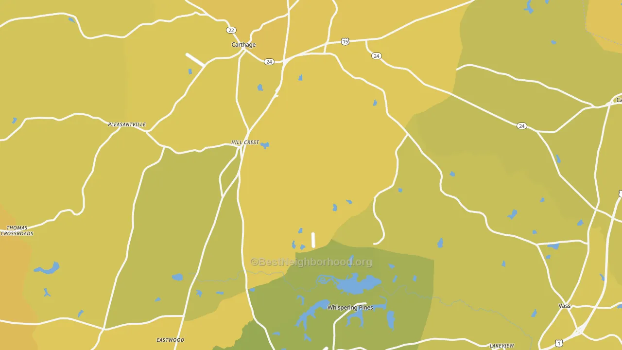 Map of the best neighborhoods in the 28327 area, with better matches in green and worse matches in red