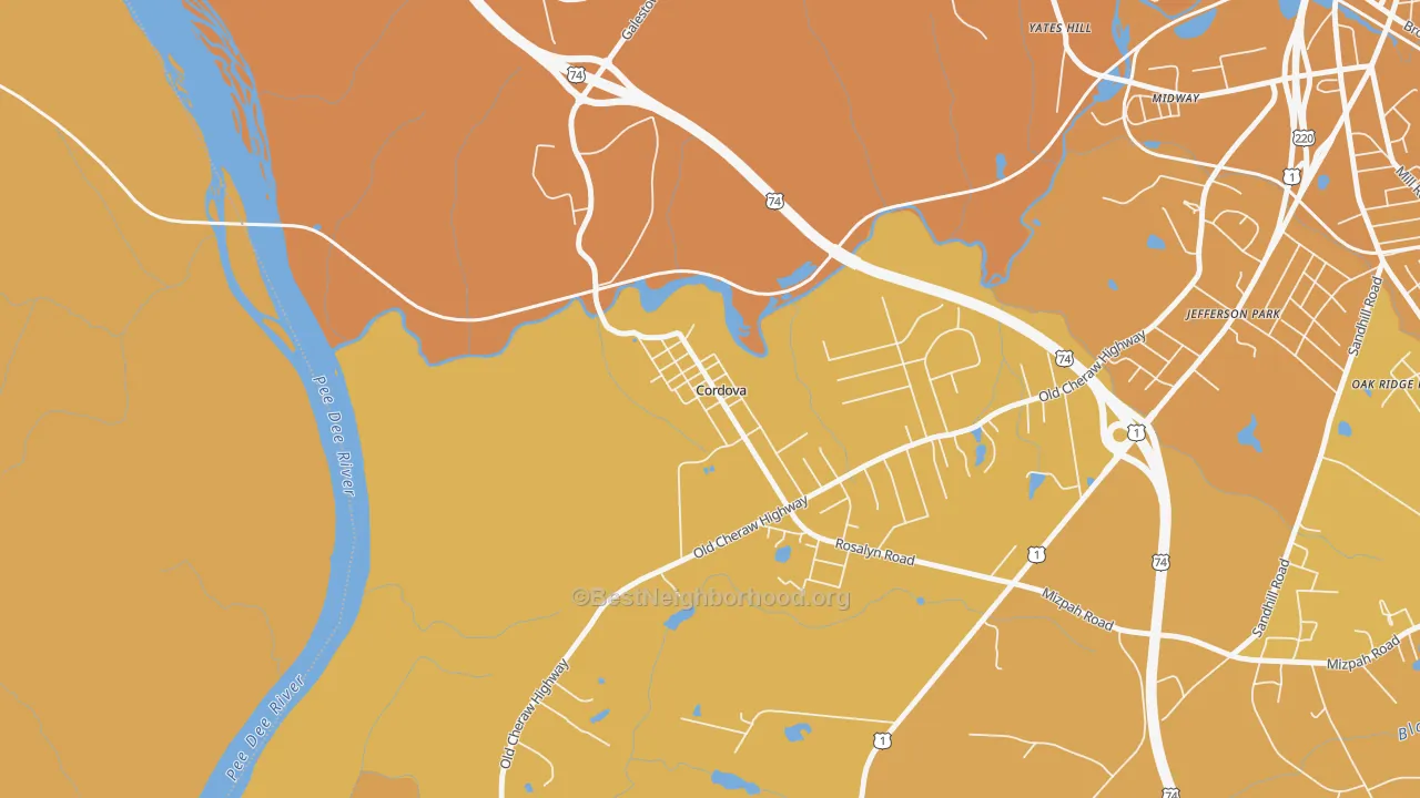 Map of the best neighborhoods in the 28330 area, with better matches in green and worse matches in red