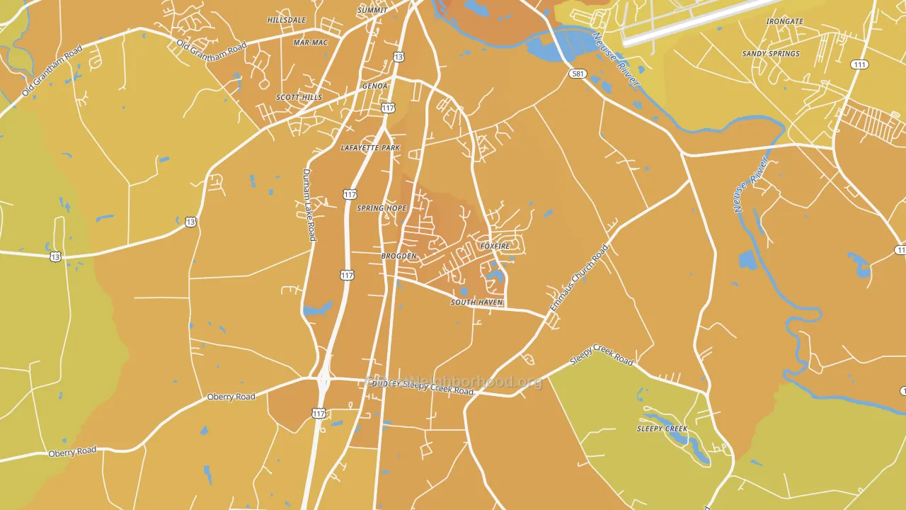 Map of the best neighborhoods in the 28333 area, with better matches in green and worse matches in red
