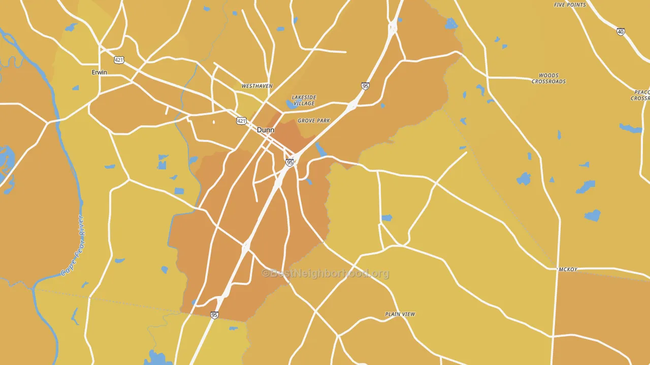 Map of the best neighborhoods in the 28334 area, with better matches in green and worse matches in red