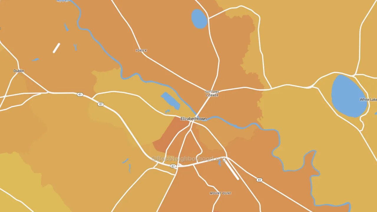 Map of the best neighborhoods in the 28337 area, with better matches in green and worse matches in red