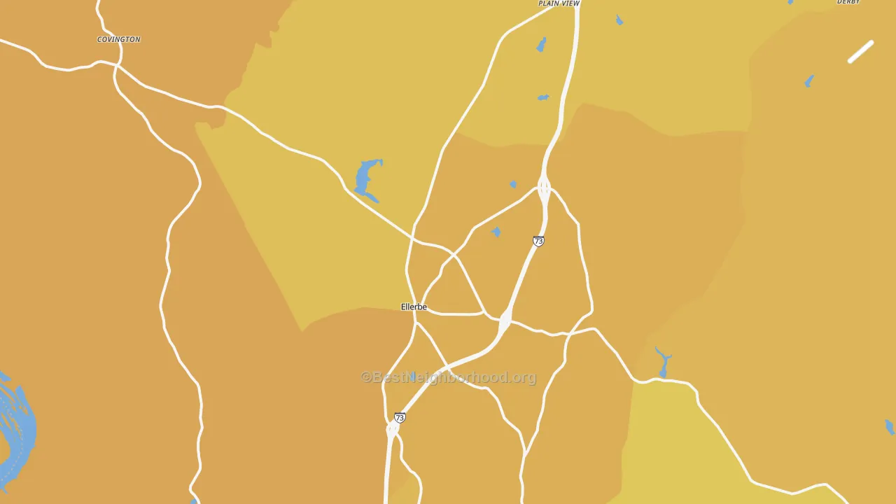 Map of the best neighborhoods in the 28338 area, with better matches in green and worse matches in red