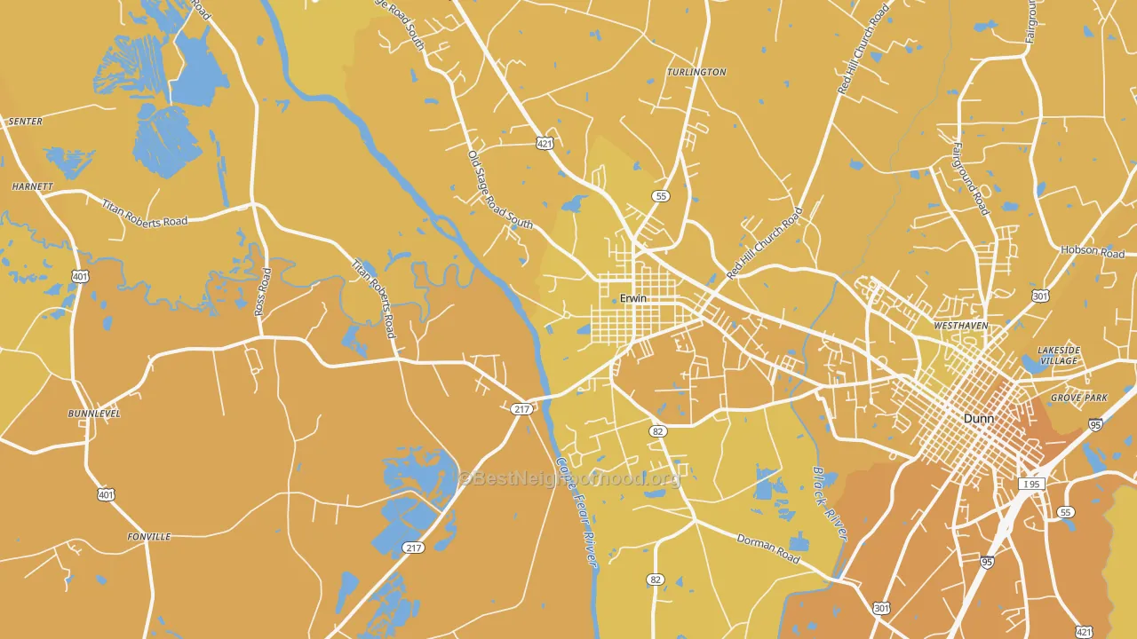 Map of the best neighborhoods in the 28339 area, with better matches in green and worse matches in red