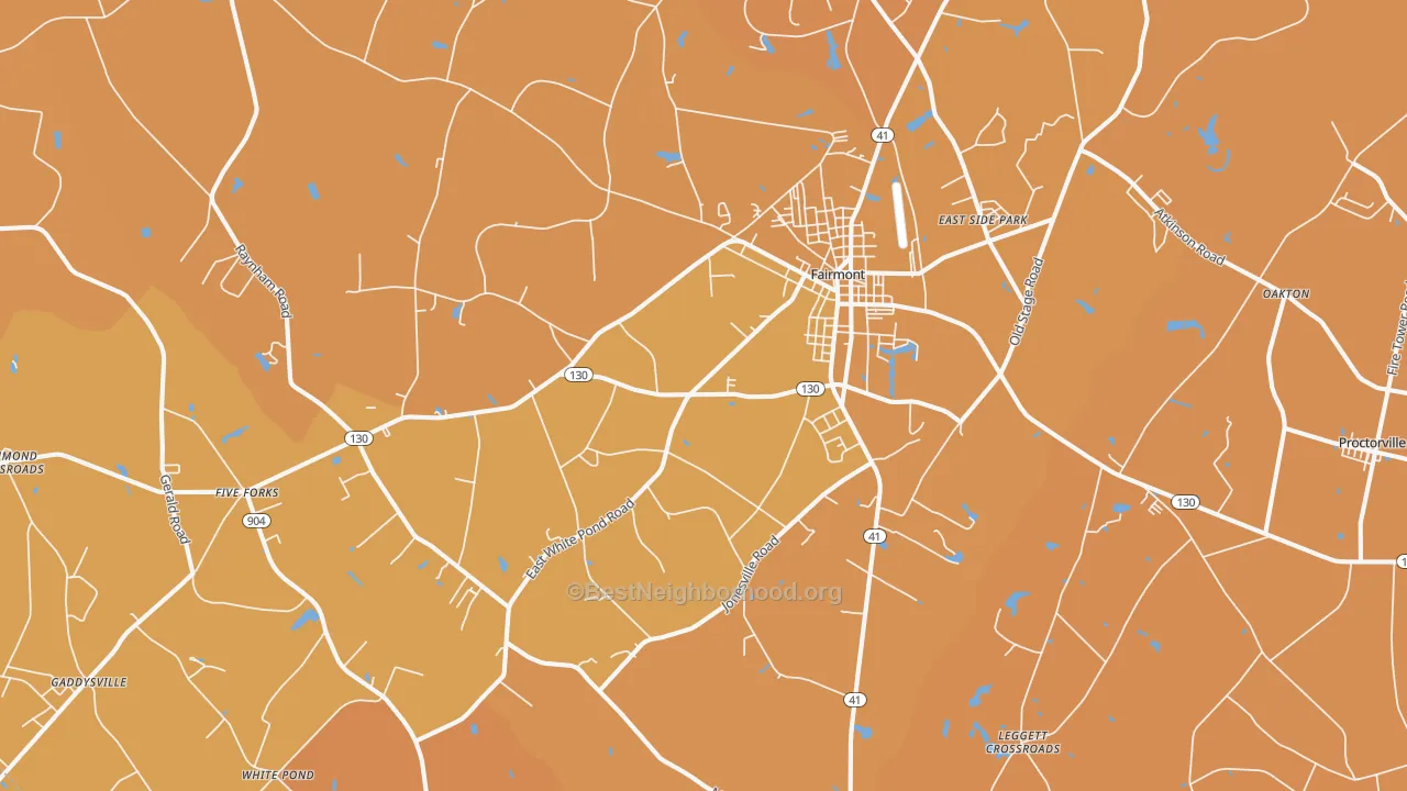 Map of the best neighborhoods in the 28340 area, with better matches in green and worse matches in red