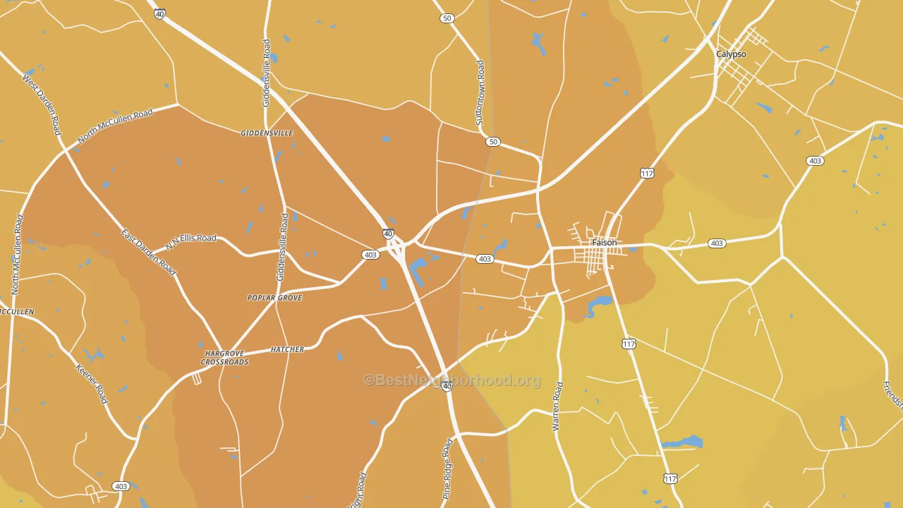 Map of the best neighborhoods in the 28341 area, with better matches in green and worse matches in red