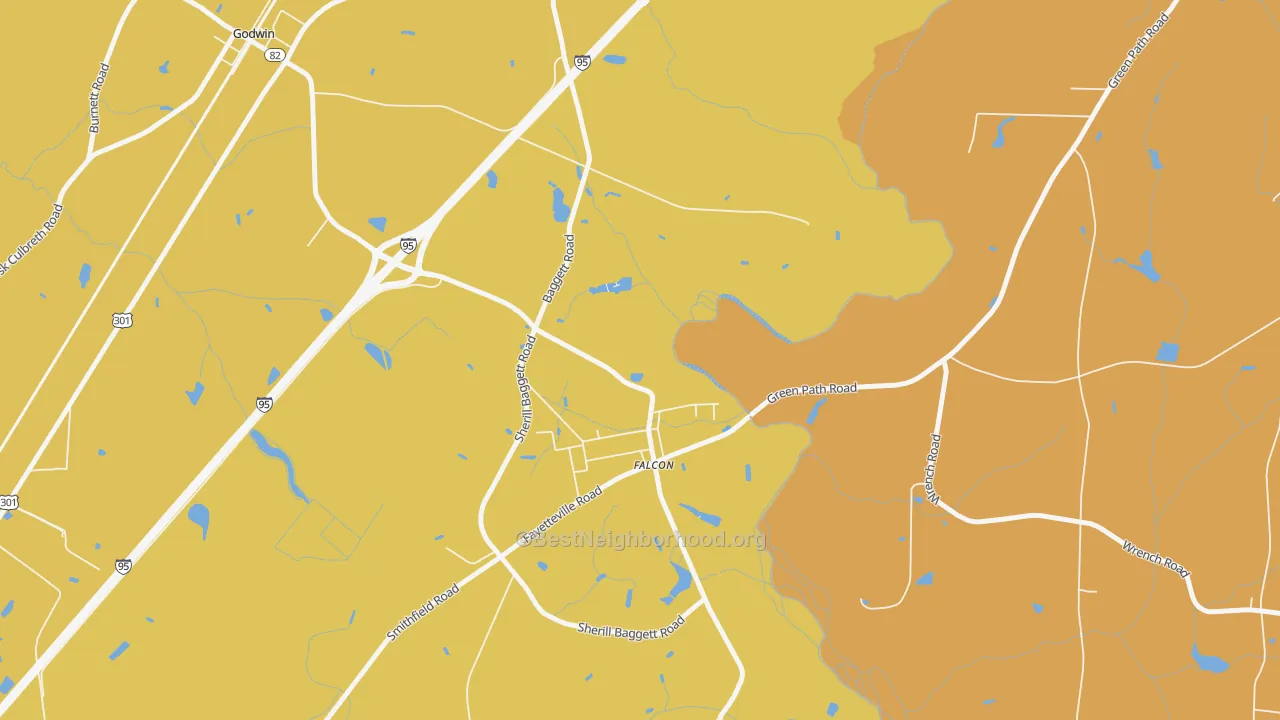 Map of the best neighborhoods in the 28342 area, with better matches in green and worse matches in red