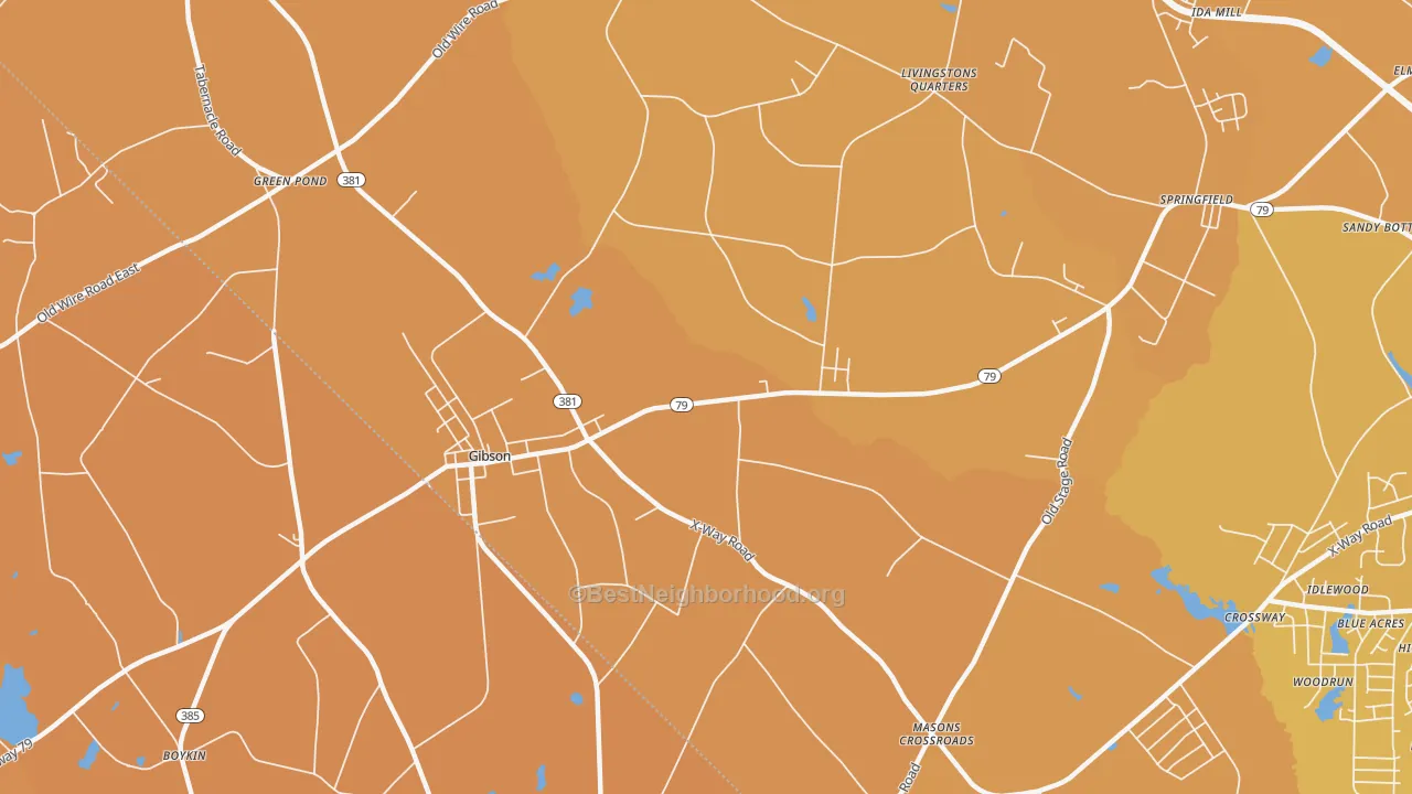 Map of the best neighborhoods in the 28343 area, with better matches in green and worse matches in red