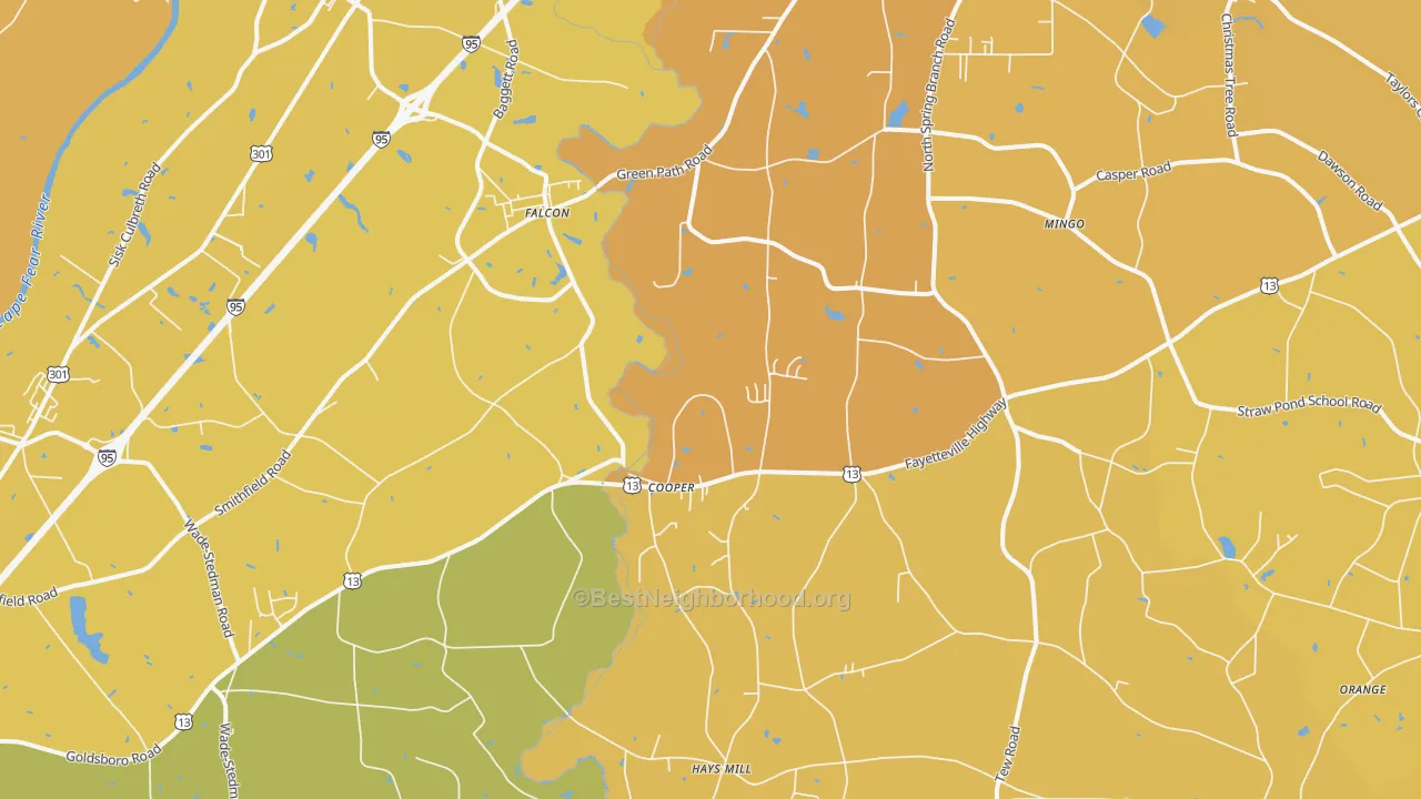 Map of the best neighborhoods in the 28344 area, with better matches in green and worse matches in red