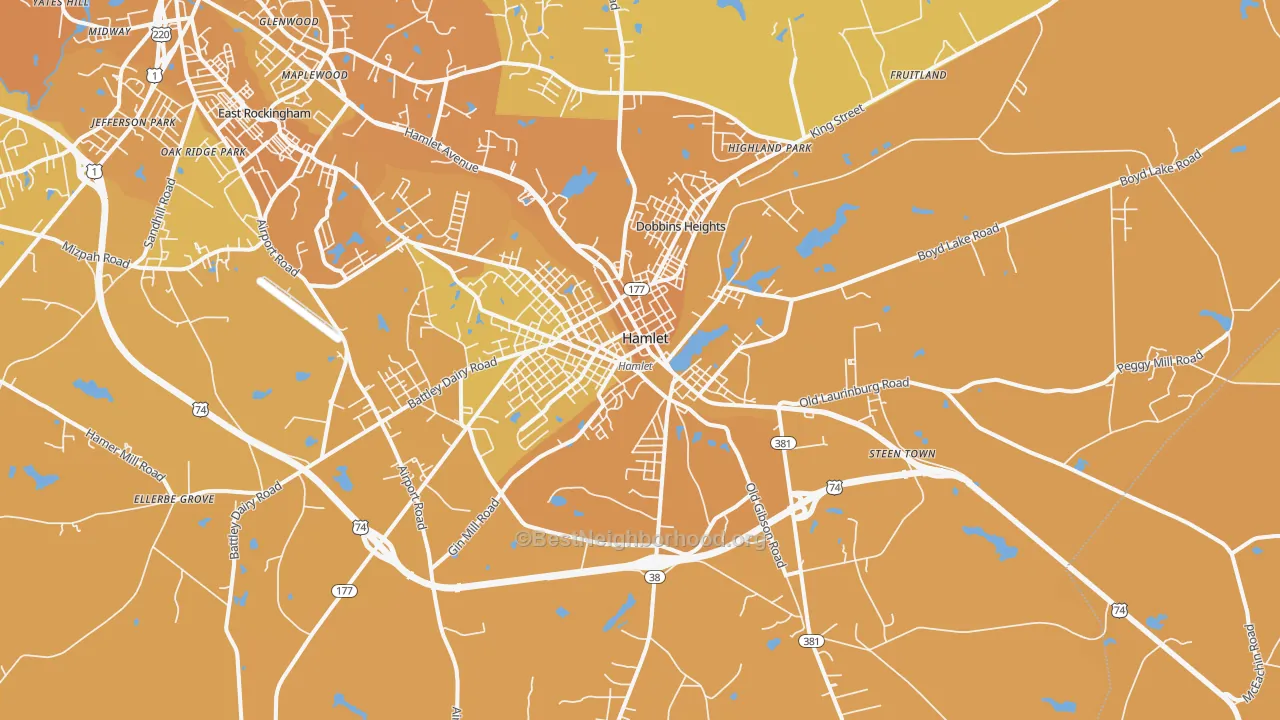 Map of the best neighborhoods in the 28345 area, with better matches in green and worse matches in red