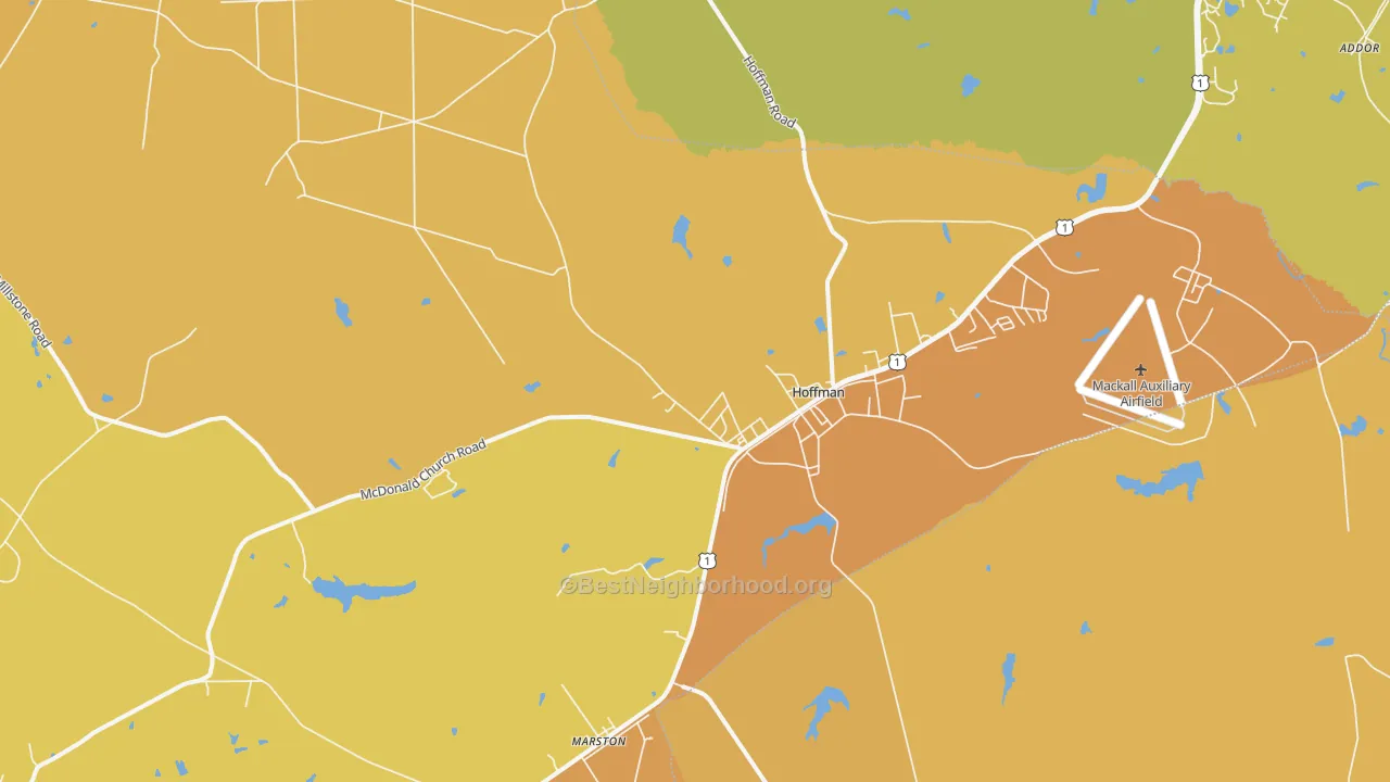 Map of the best neighborhoods in the 28347 area, with better matches in green and worse matches in red