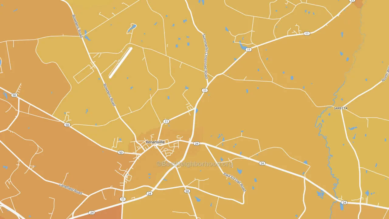 Map of the best neighborhoods in the 28349 area, with better matches in green and worse matches in red