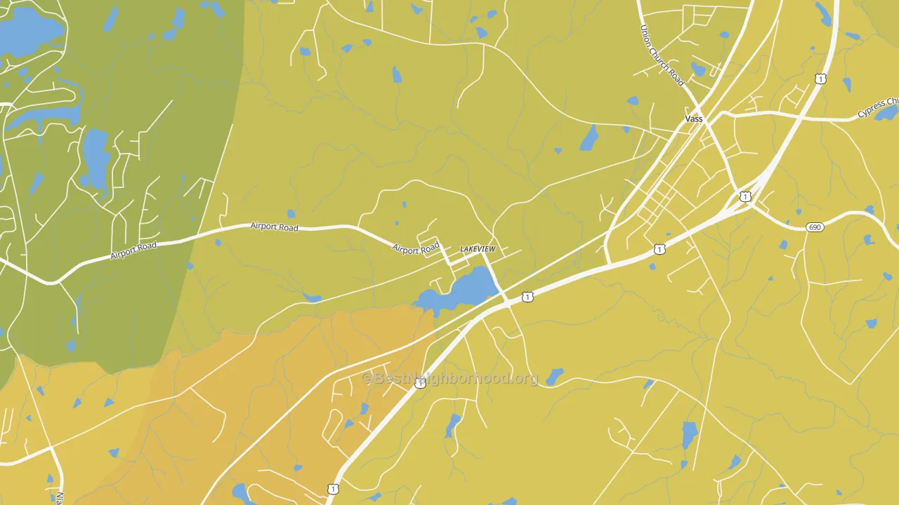 Map of the best neighborhoods in the 28350 area, with better matches in green and worse matches in red