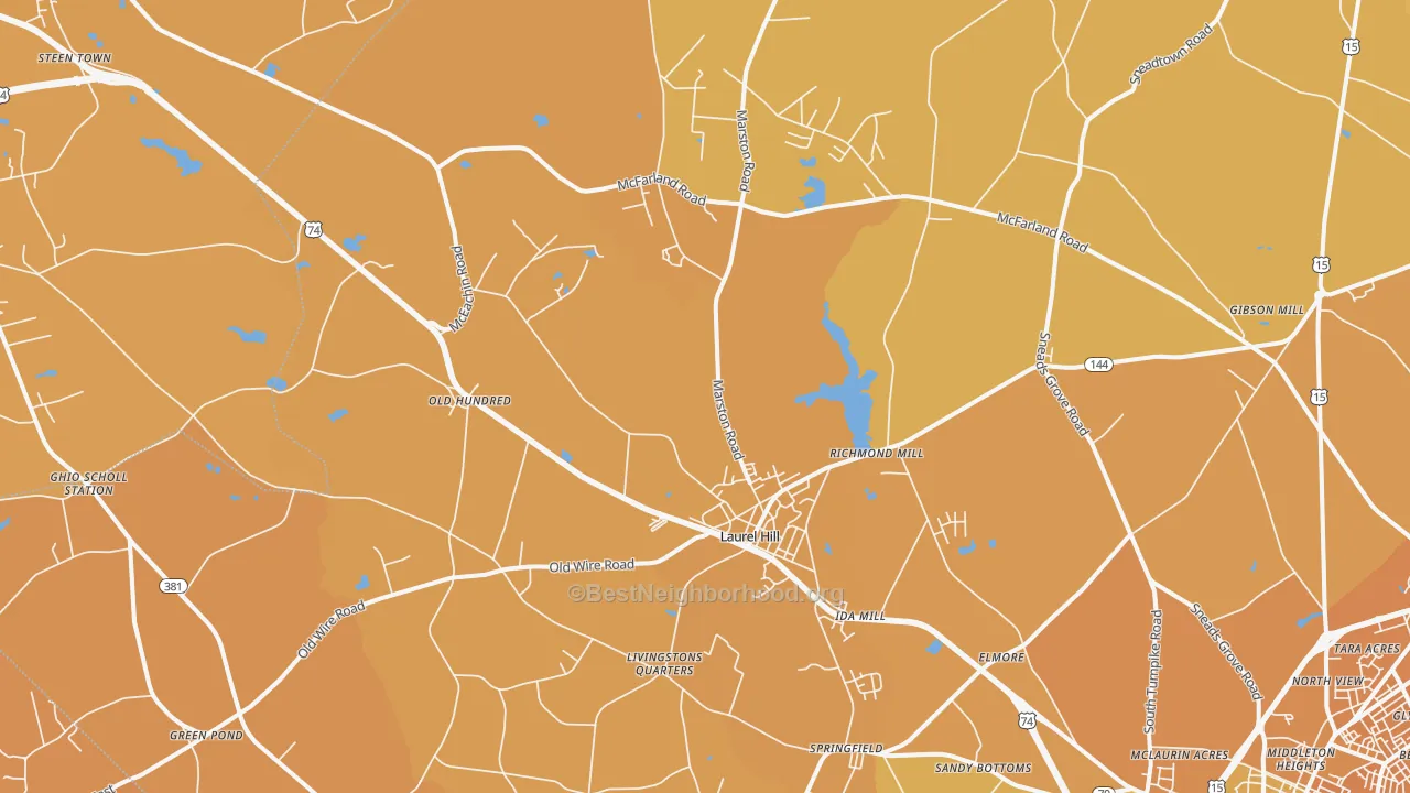 Map of the best neighborhoods in the 28351 area, with better matches in green and worse matches in red