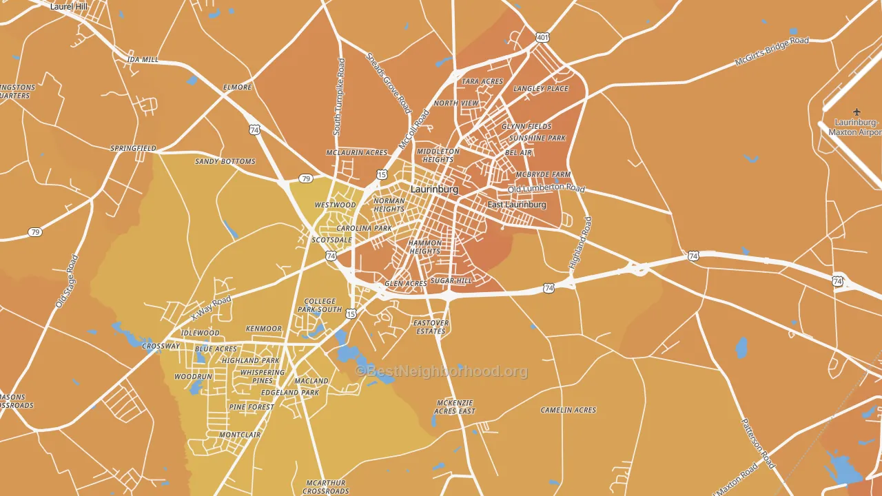 Map of the best neighborhoods in the 28352 area, with better matches in green and worse matches in red