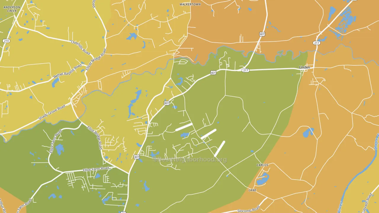 Map of the best neighborhoods in the 28356 area, with better matches in green and worse matches in red
