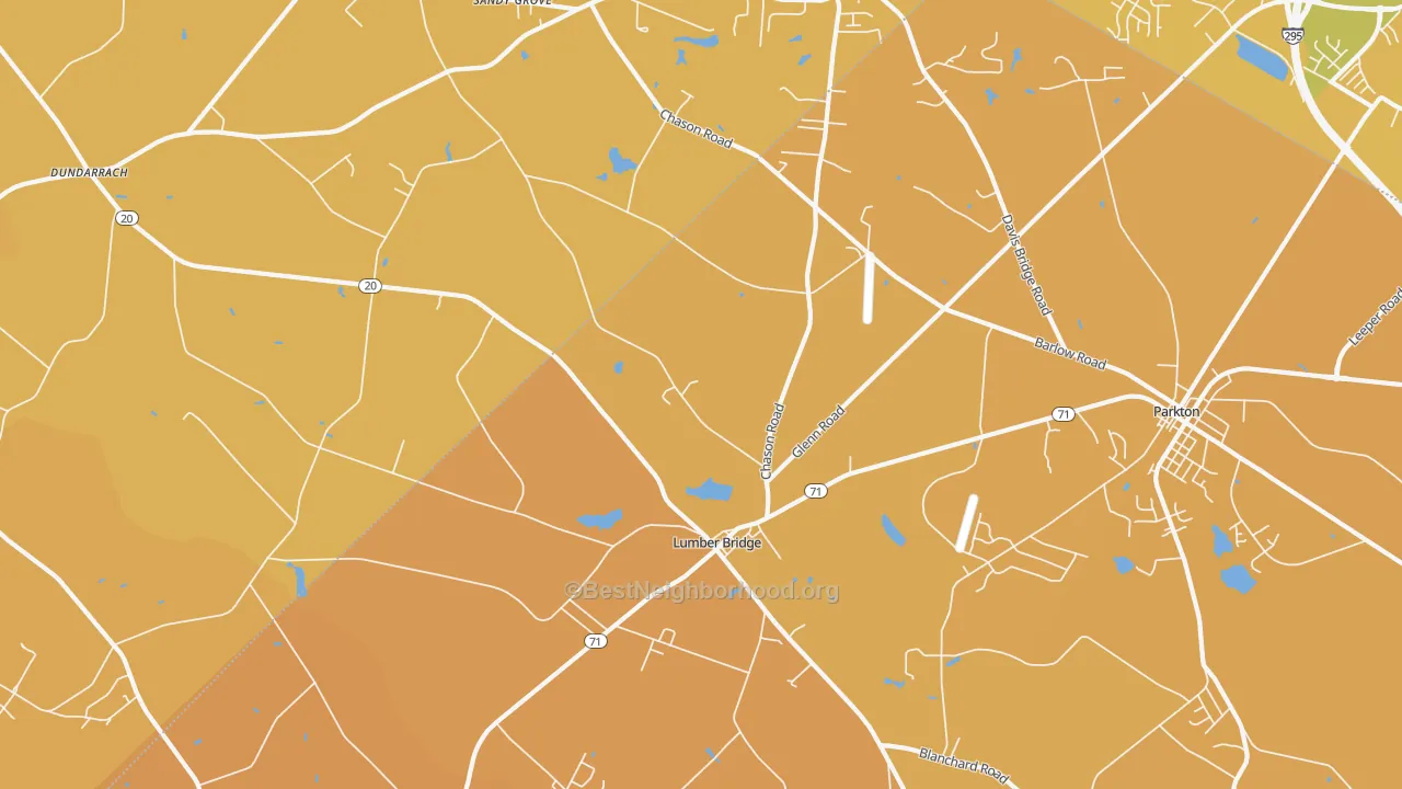 Map of the best neighborhoods in the 28357 area, with better matches in green and worse matches in red