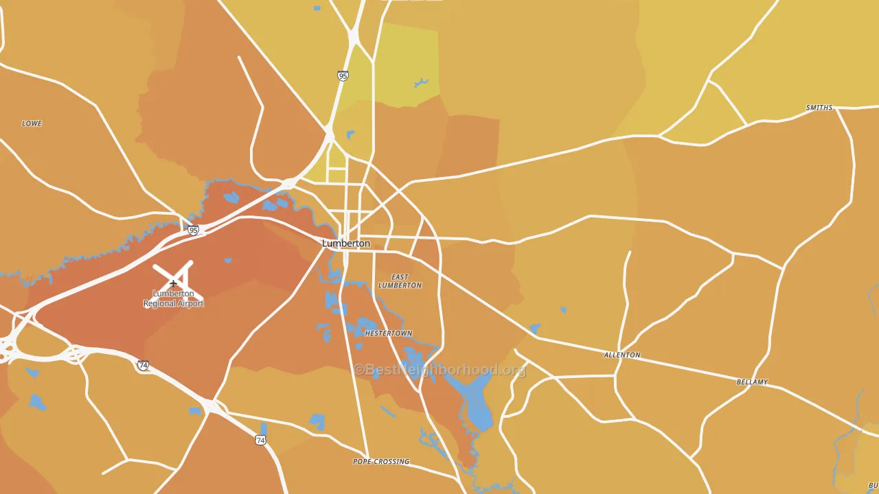 Map of the best neighborhoods in the 28358 area, with better matches in green and worse matches in red