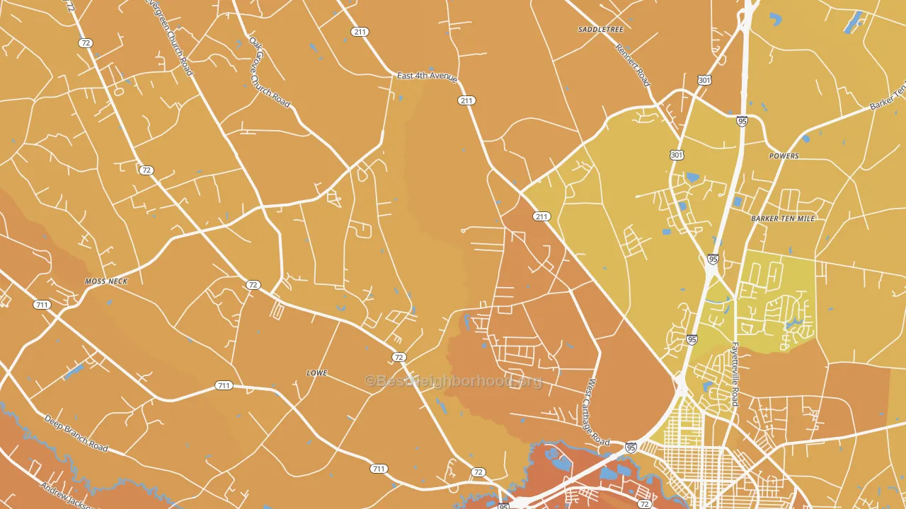 Map of the best neighborhoods in the 28360 area, with better matches in green and worse matches in red