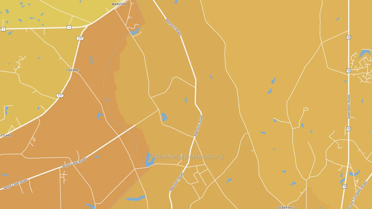 Map of the best neighborhoods in the 28363 area, with better matches in green and worse matches in red