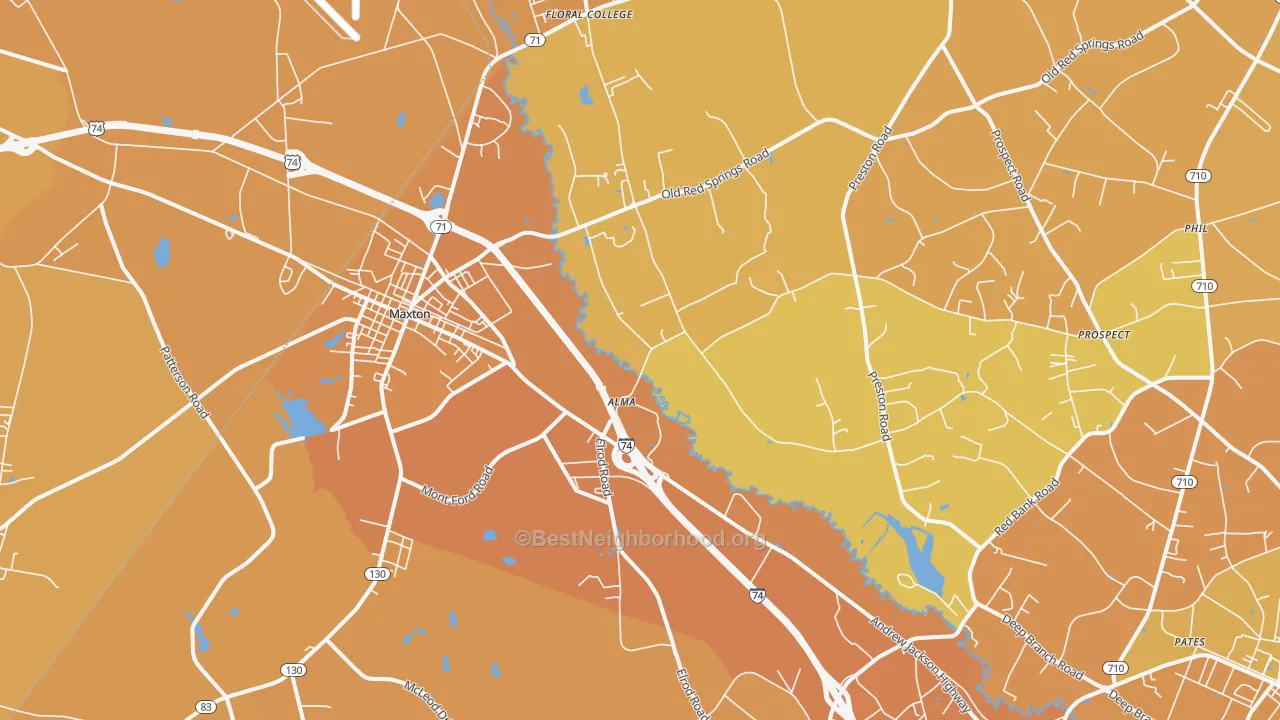 Map of the best neighborhoods in the 28364 area, with better matches in green and worse matches in red