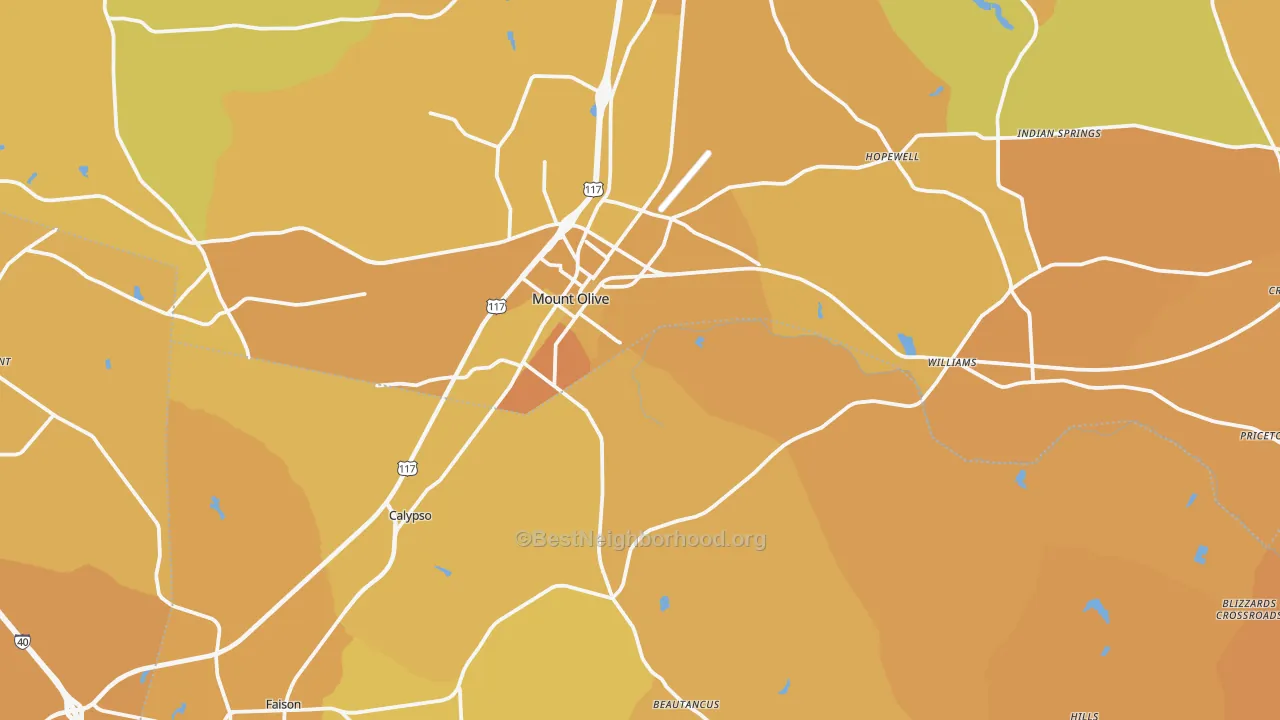 Map of the best neighborhoods in the 28365 area, with better matches in green and worse matches in red