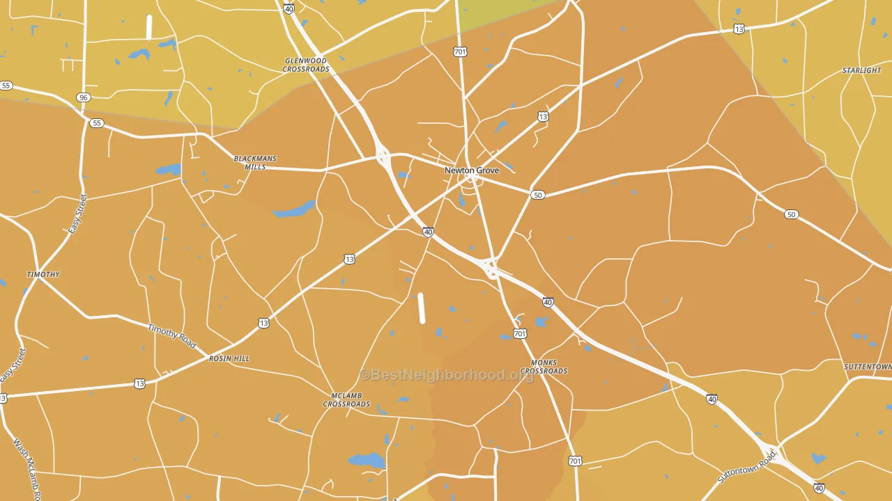 Map of the best neighborhoods in the 28366 area, with better matches in green and worse matches in red