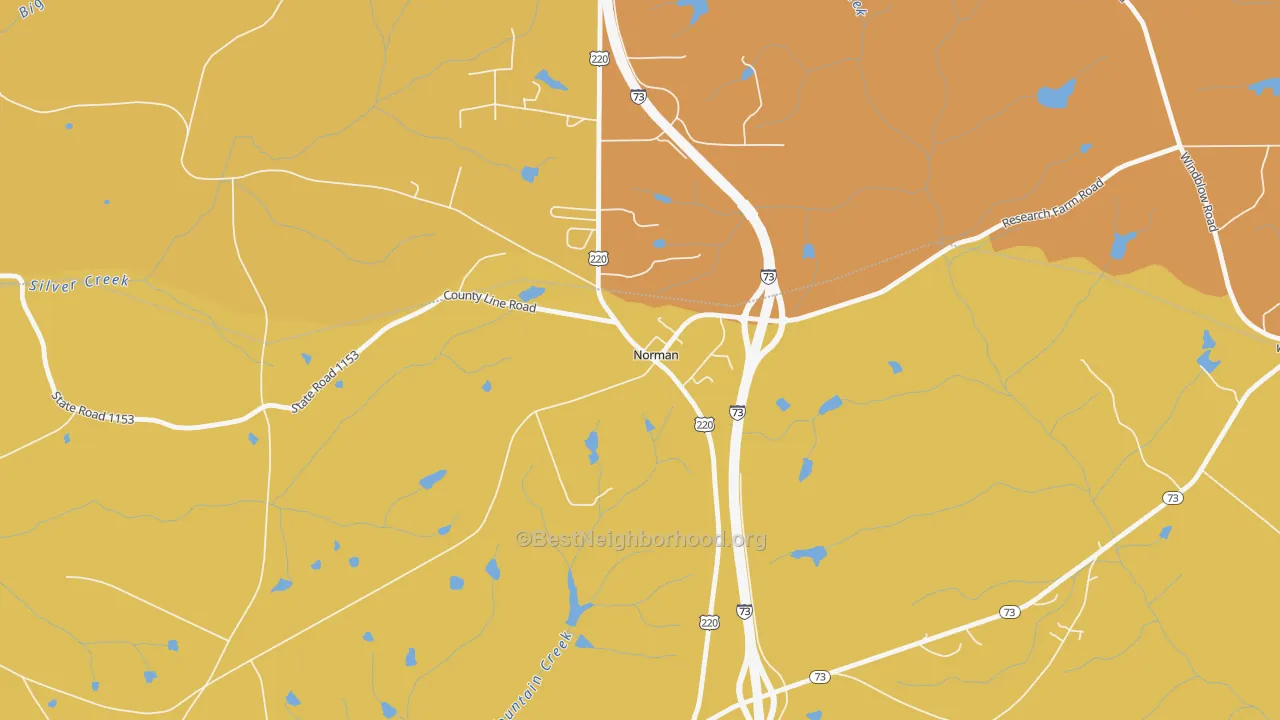 Map of the best neighborhoods in the 28367 area, with better matches in green and worse matches in red