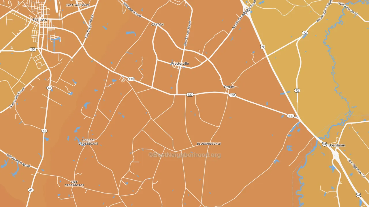 Map of the best neighborhoods in the 28369 area, with better matches in green and worse matches in red