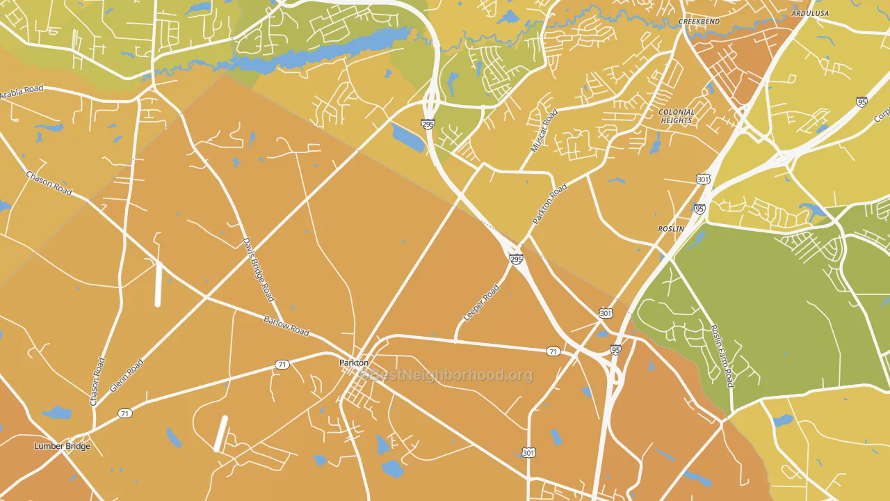 Map of the best neighborhoods in the 28371 area, with better matches in green and worse matches in red