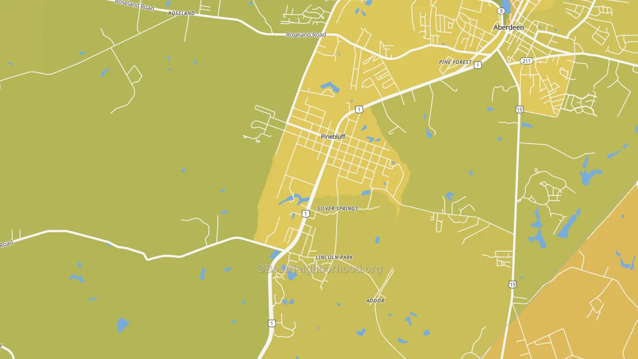 Map of the best neighborhoods in the 28373 area, with better matches in green and worse matches in red