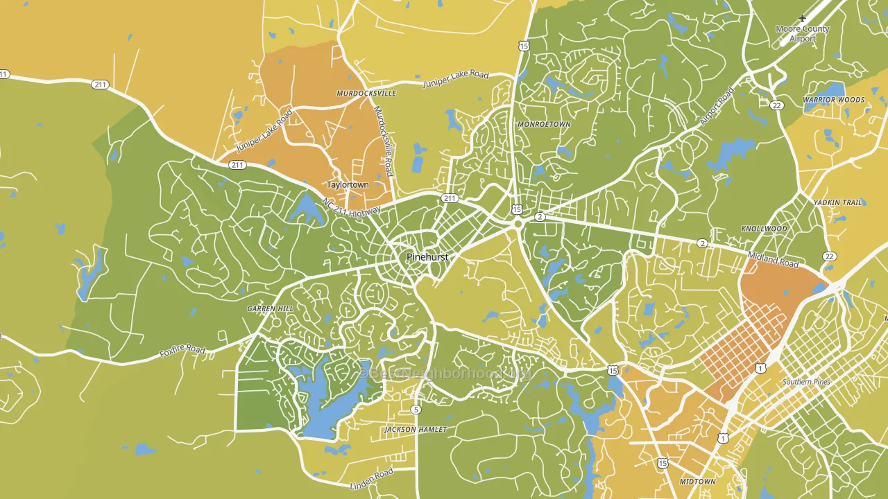 Map of the best neighborhoods in the 28374 area, with better matches in green and worse matches in red
