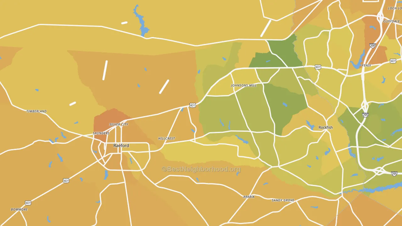 Map of the best neighborhoods in the 28376 area, with better matches in green and worse matches in red