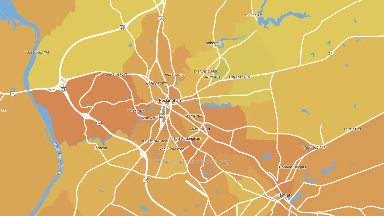 Map of the best neighborhoods in the 28379 area, with better matches in green and worse matches in red